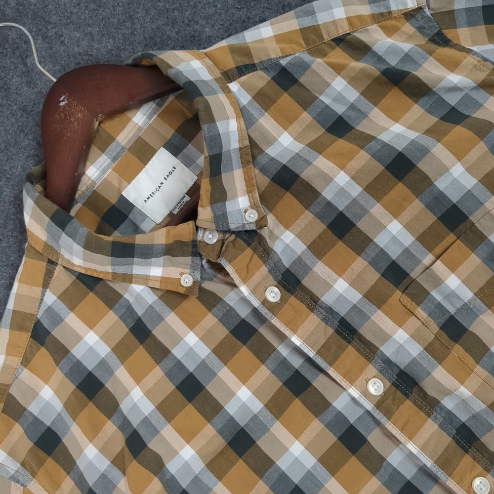 American Eagle Mens XXL Plaid Button Down Shirt Mustard Yellow Gray Long Sleeve